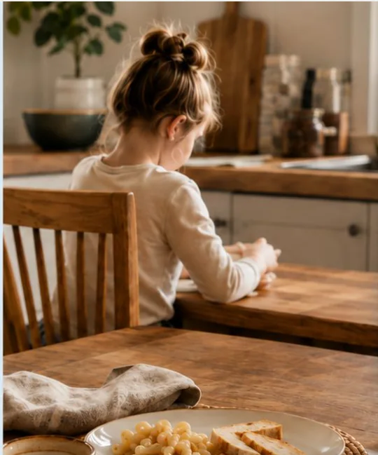 A girl at a kitchen table in front of a plate of pasta and toast, turned away from the food.