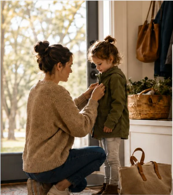 A mother kneeling in an entryway, helping her young daughter zip a jacket before leaving the house.