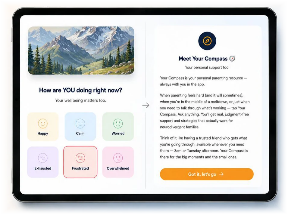 The Mission Accomplished parent check-in on a tablet: “How are YOU doing right now?” with Happy, Calm, Worried, Exhausted, Frustrated and Overwhelmed — Frustrated is selected — next to the Meet Your Compass panel describing the personal support tool.