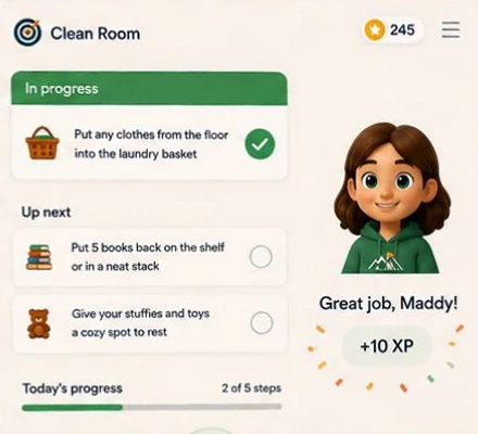 The Mission Accomplished child view: the Clean Room challenge showing one step in progress, what is up next, Maddy cheering and today's progress at 2 of 5 steps.