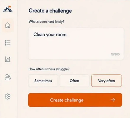 The Mission Accomplished parent view: a Create a challenge form filled in with “Clean your room.” and “Very often” selected.