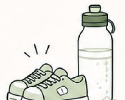Line illustration of a pair of sneakers next to a water bottle.