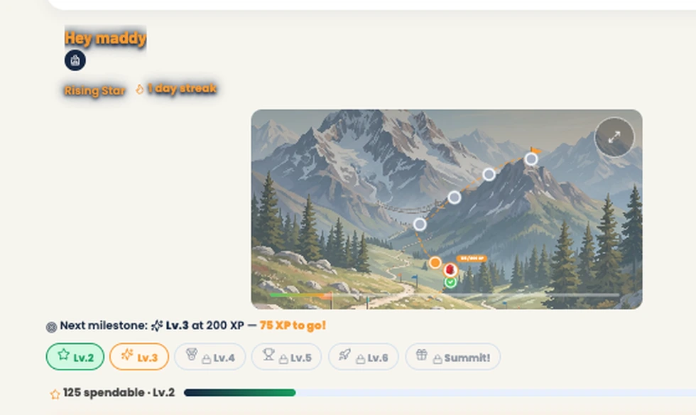 Maddy's Mission Accomplished journey: her position marked along the mountain route, the next milestone at Level 3, and milestone badges running from Level 2 up to the summit.