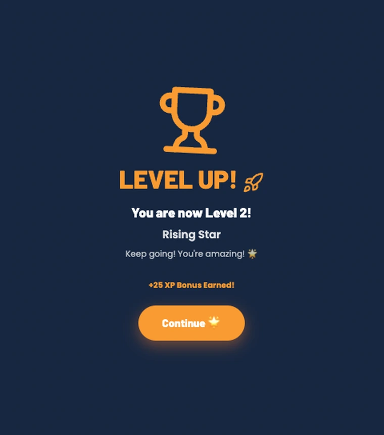 The Mission Accomplished level-up screen: Level up! You are now Level 2, Rising Star, with a plus 25 XP bonus earned.