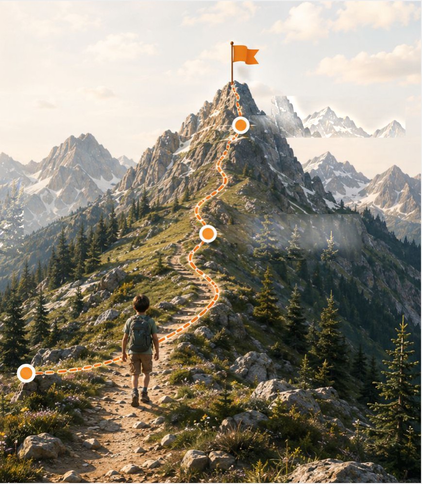 A child walking up a mountain trail, with an orange route marked ahead of them rising to a flag at the summit.