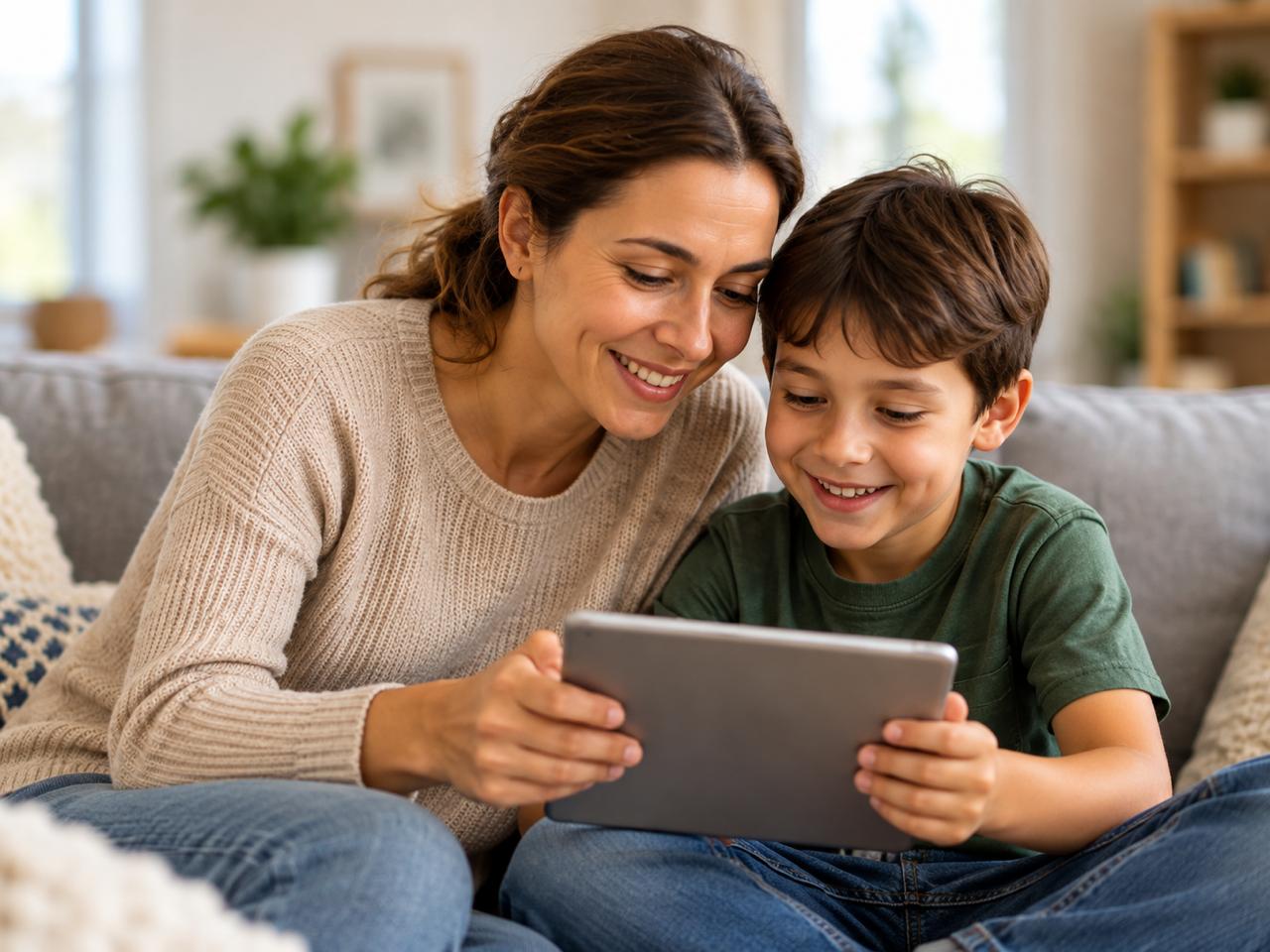 A parent and child smiling together while looking at a tablet.