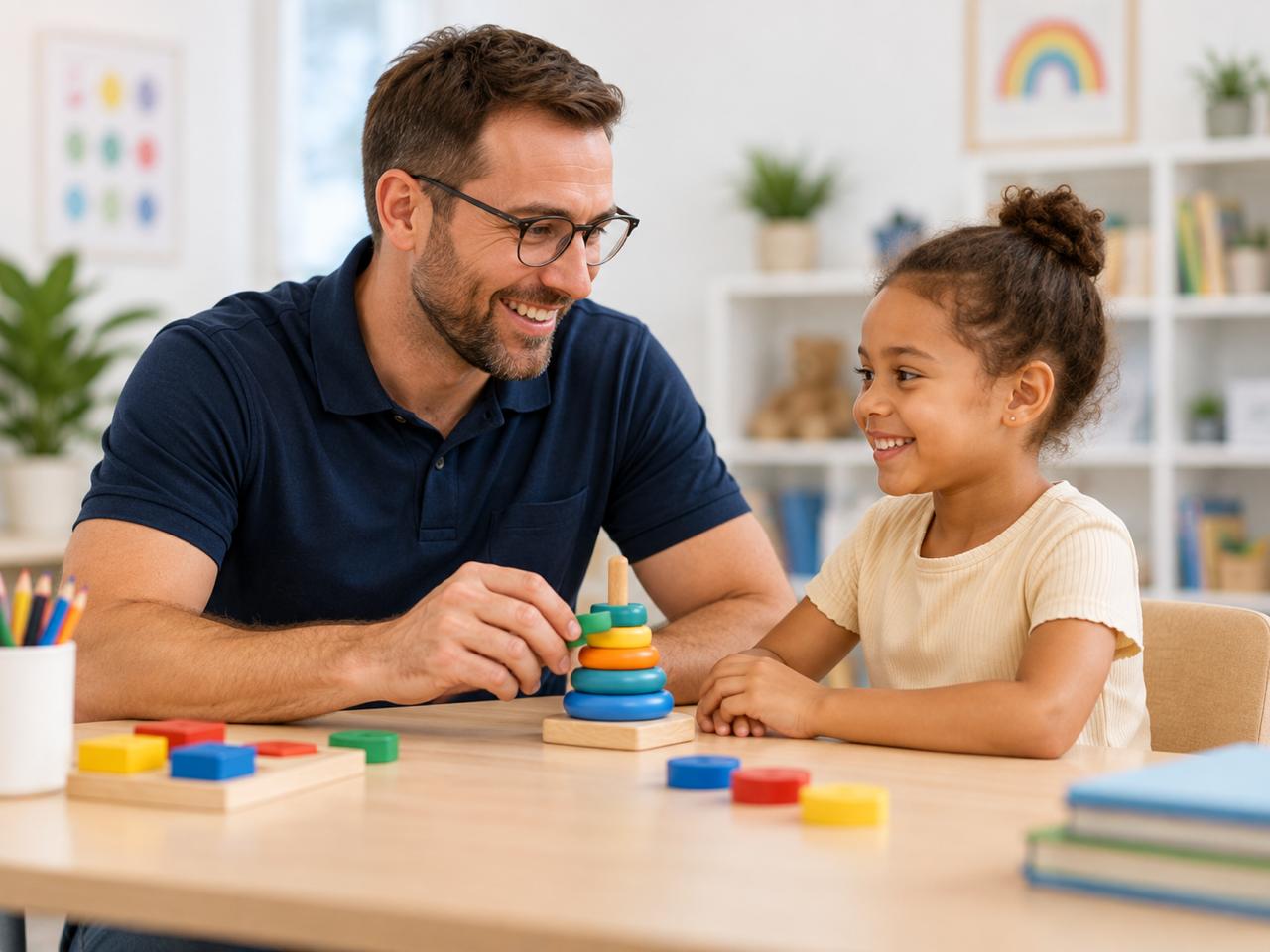 A clinician and child smiling while playing with stacking rings.